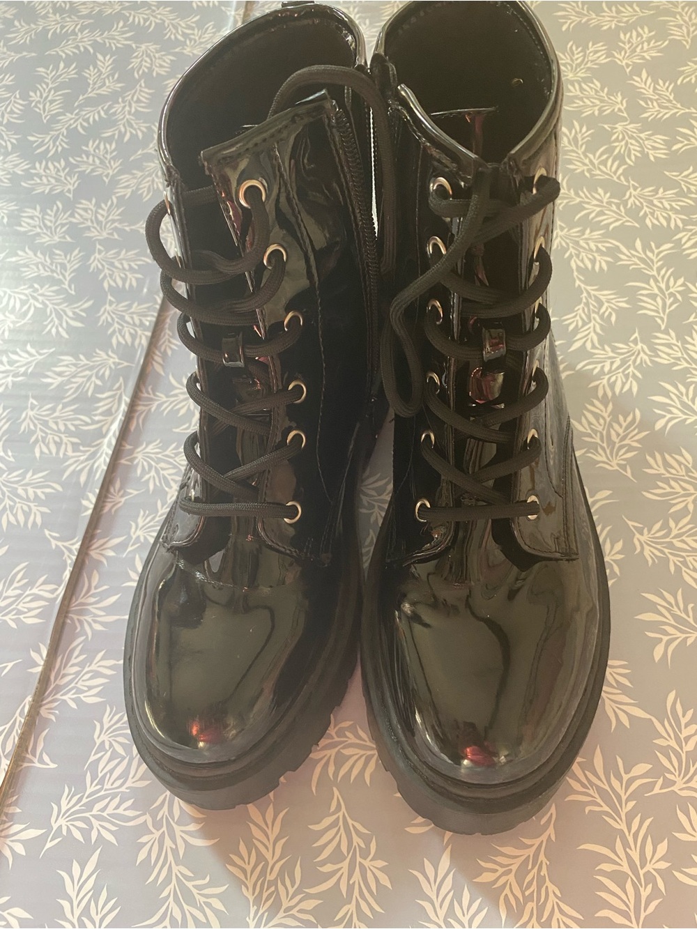 Steve Madden Black Patent Lace-Up Combat Boots with Chunky Sole